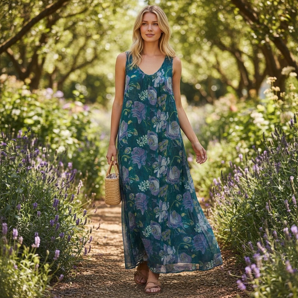Sundance Floral Sheer Maxi Dress Teal Purple Sleeveless XL NWT